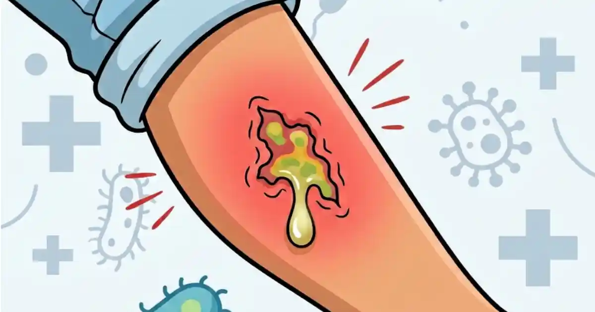 Illustration of an infected surgical wound on the forearm with spreading redness and yellow pus discharge